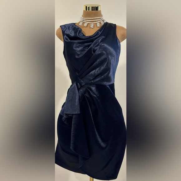 Anne Klien Satin Midnight Blue Midi Draped Cowl Neck Zipper Closure On Side Sz 6 - Picture 1 of 15
